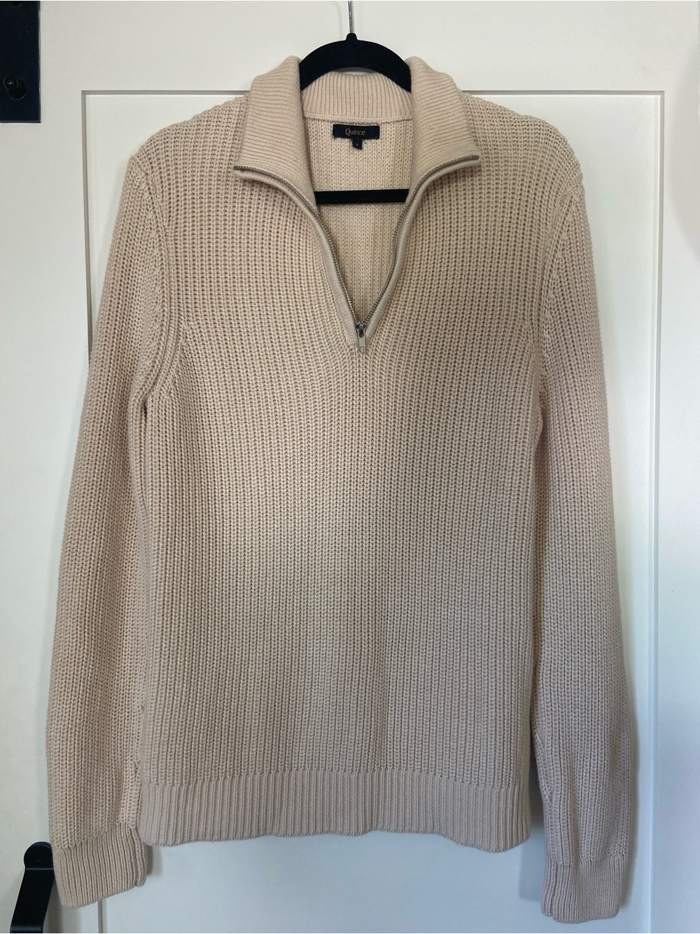 QUINCE Organic Cotton Fisherman Quarter-Zip Sweater Cream Beige Small S